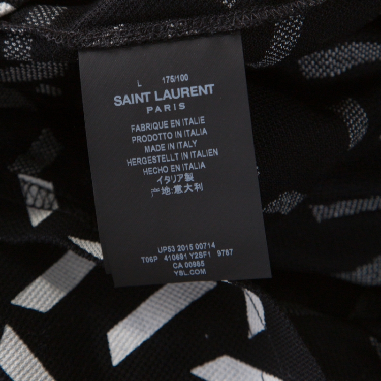 Pre Owned Saint Laurent Black and White Confetti Printed Pique Cotton Polo T Shirt L 