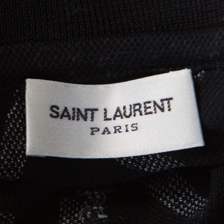 Pre Owned Saint Laurent Black and White Confetti Printed Pique Cotton Polo T Shirt L 