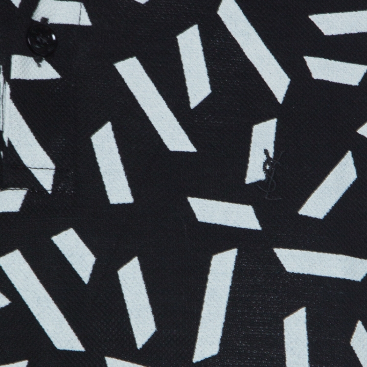 Pre Owned Saint Laurent Black and White Confetti Printed Pique Cotton Polo T Shirt L 