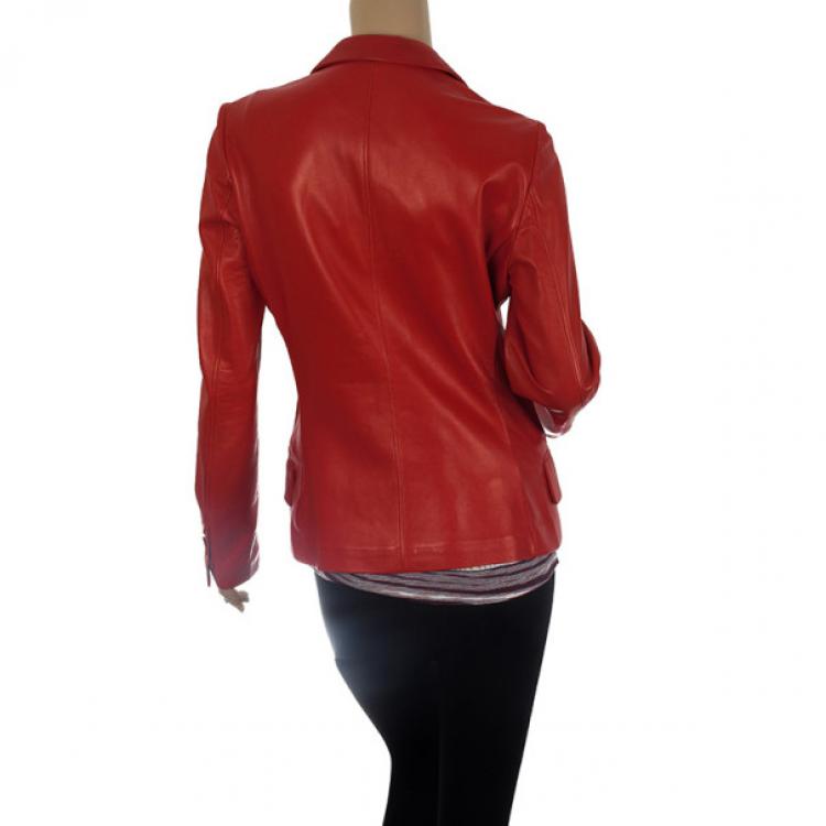 Pre Owned Yves Saint Laurent Red Leather Blazer Jacket M