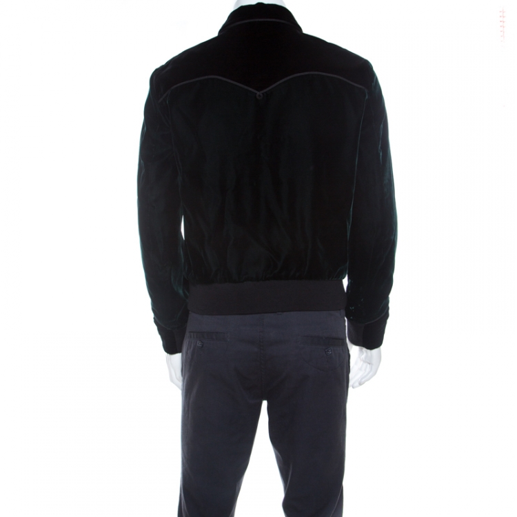 Pre Owned Saint Laurent Paris Green & Black Velvet Western Detail Bomber Jacket M