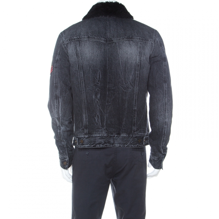 Pre Owned Saint Laurent Paris Black Shearling Lined Distressed Denim Jacket XL 