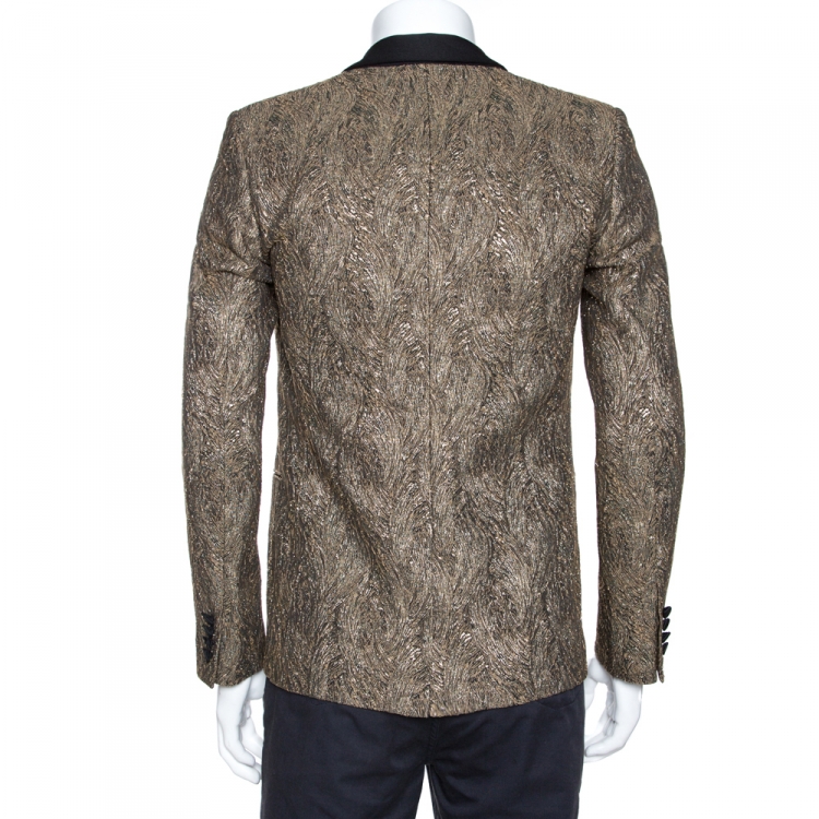 Pre Owned Saint Laurent Paris Gold Lurex Jacquard Shawl Lapel Jacket M
