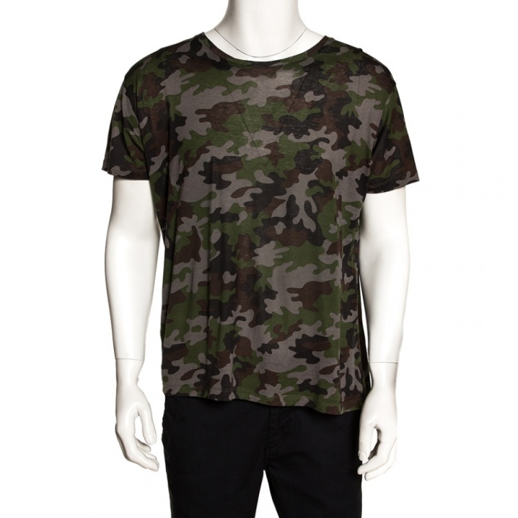 Pre Owned Saint Laurent Green Jersey Camouflage Print T Shirt L 