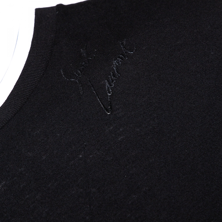 Pre Owned Saint Laurent Black Cotton Signature Logo Embroidered Round Neck T Shirt M