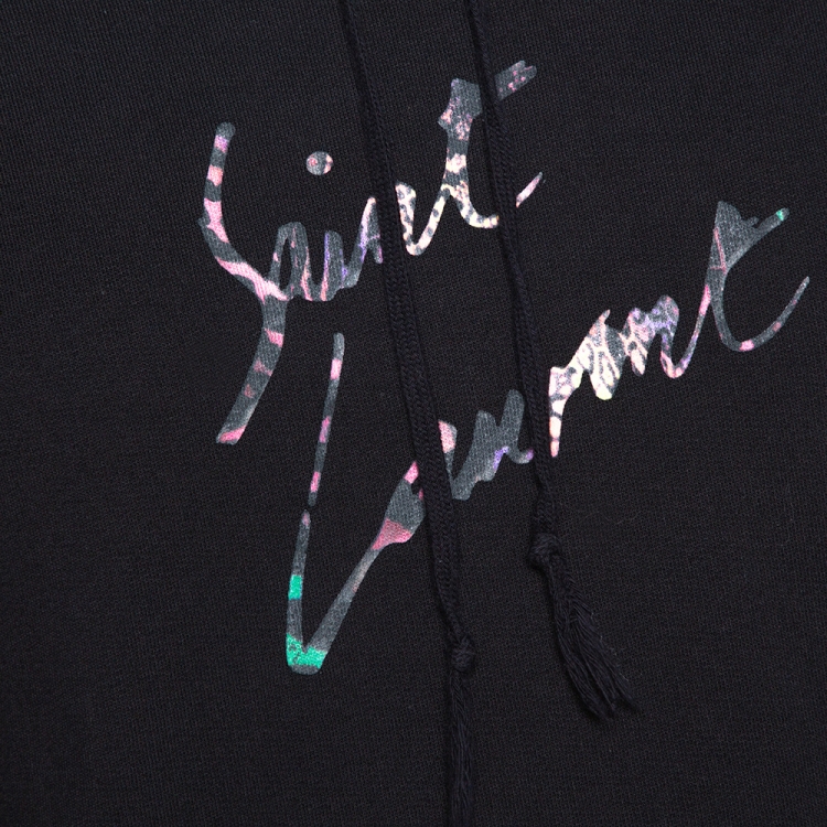 Pre Owned Saint Laurent Paris Black Distressed Knit Animalier Signature Print Hoodie L 