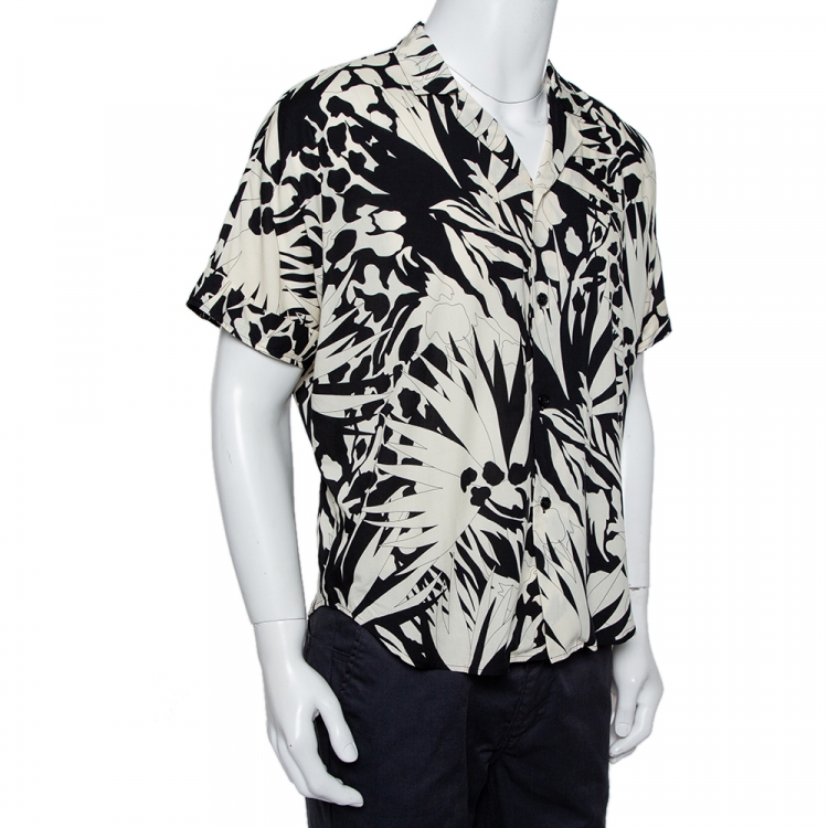 Pre Owned Saint Laurent Paris Monochrome Jungle Printed Bowling Shirt L