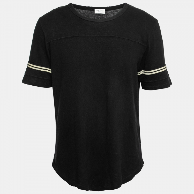 Pre Owned Saint Laurent Black Contrast Trim Detailed Distressed Cotton T-Shirt M