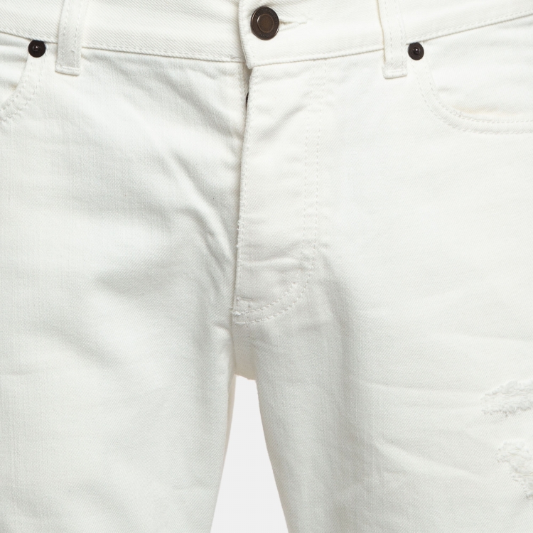 Pre Owned Saint Laurent White Ripped Denim Slim Fit Jeans L Waist 33''