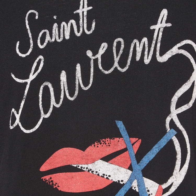 Pre Owned Saint Laurent Paris Black Printed Cotton Crew Neck T-Shirt M