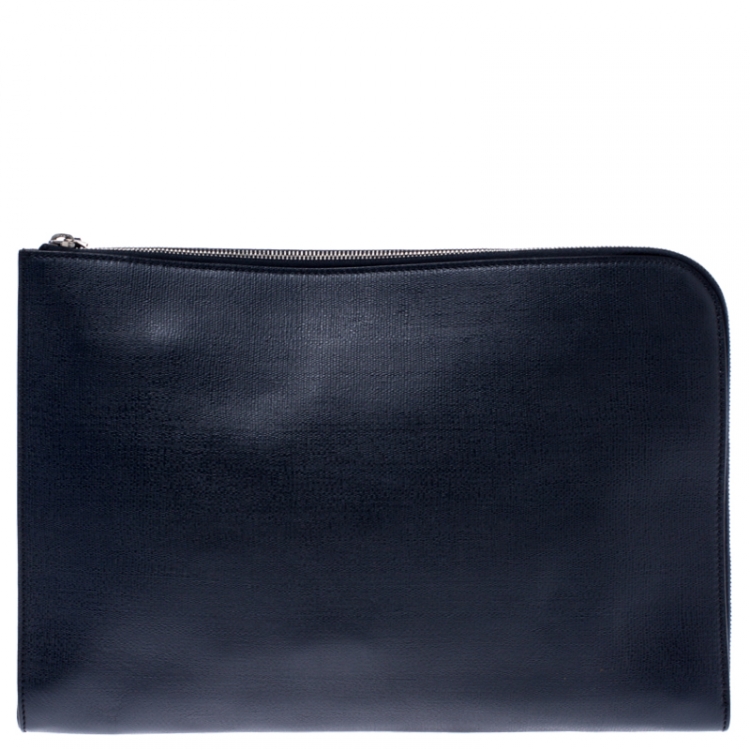 Pre Owned Saint Laurent Paris Navy Blue Leather Documents Portfolio Case           