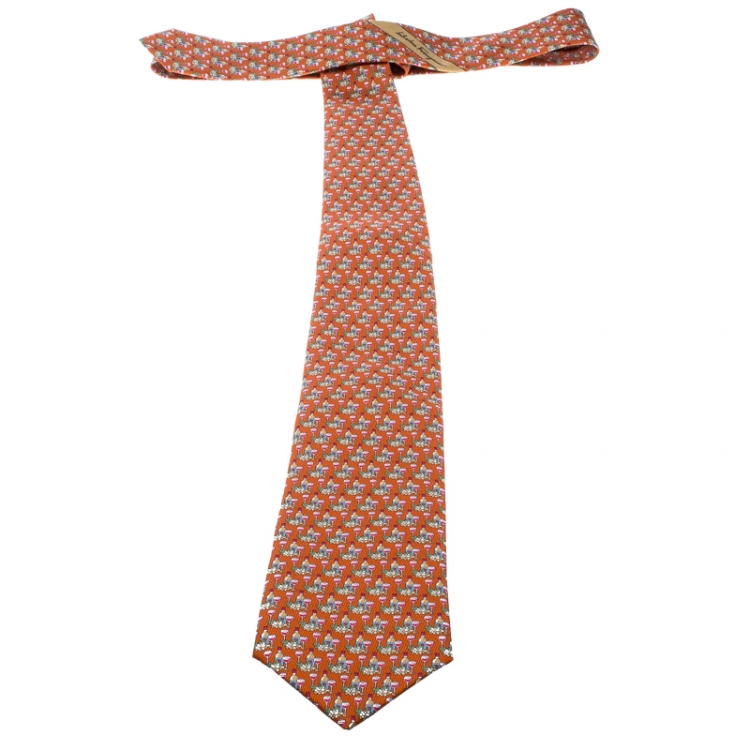 Pre Owned Salvatore Ferragamo Orange Wine Bottle and Glass Printed Silk Tie 