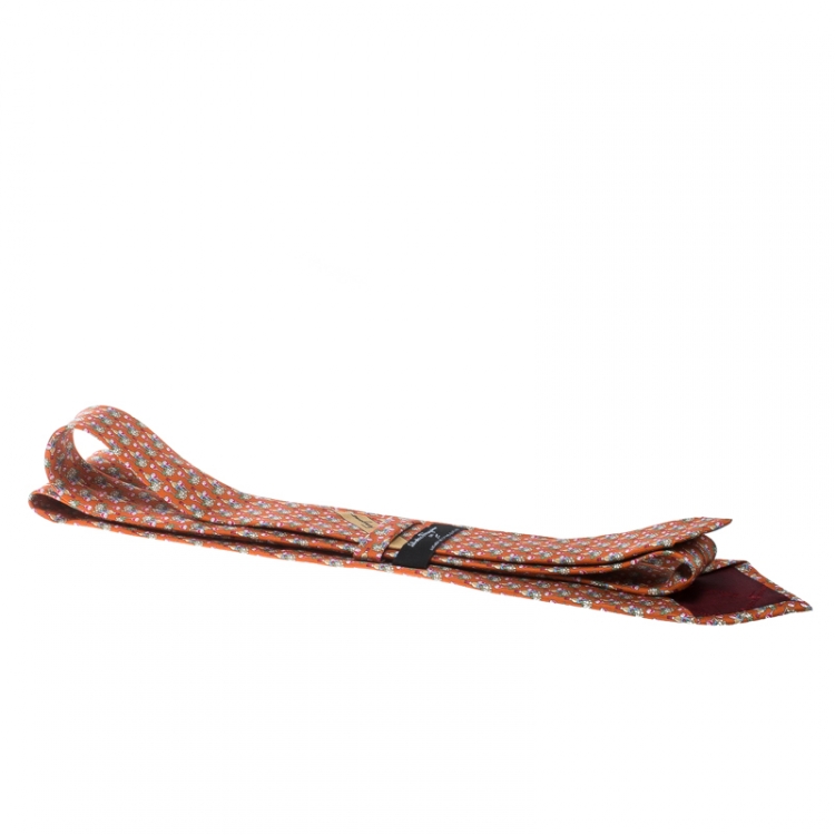 Pre Owned Salvatore Ferragamo Orange Wine Bottle and Glass Printed Silk Tie 