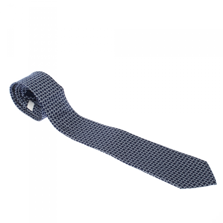 Pre Owned Salvatore Ferragamo Blue Circular Fish Print Silk Tie