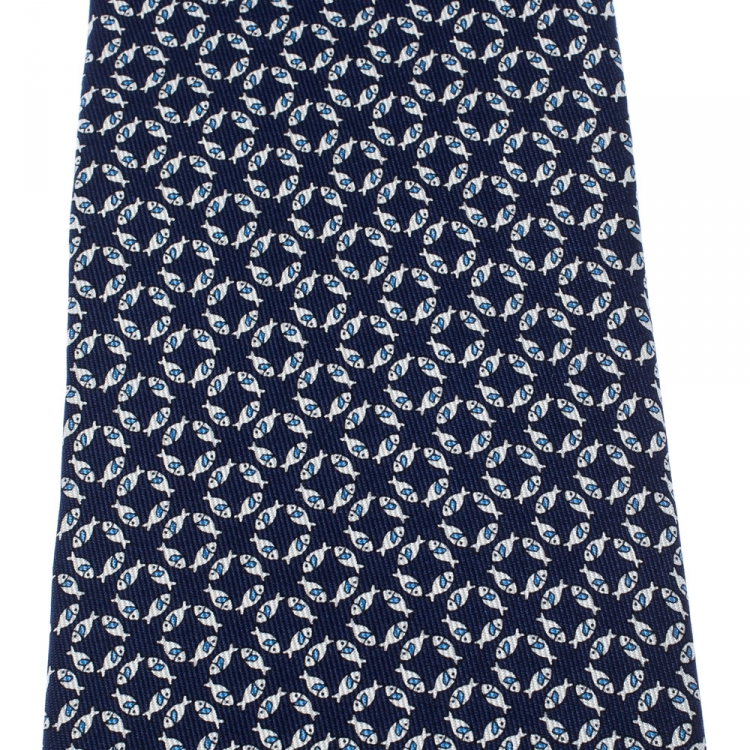 Pre Owned Salvatore Ferragamo Blue Circular Fish Print Silk Tie