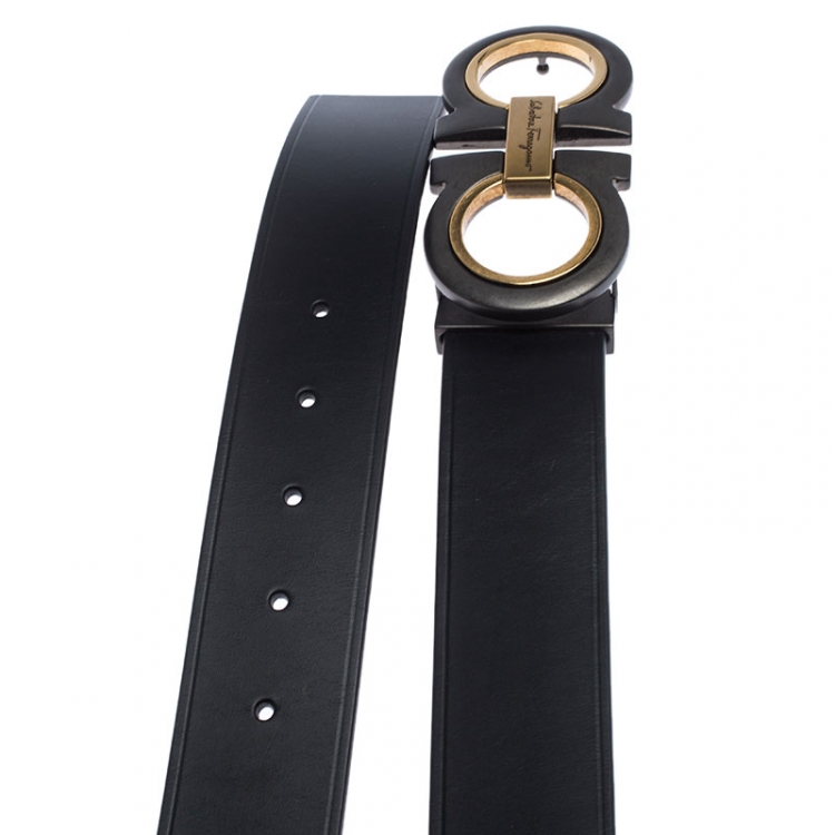 Pre Owned Salvatore Ferragamo Black Leather Gancini Belt 105 cm