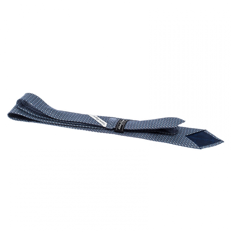 Pre Owned Salvatore Ferragamo Marine Blue Gancini Print Silk Tie