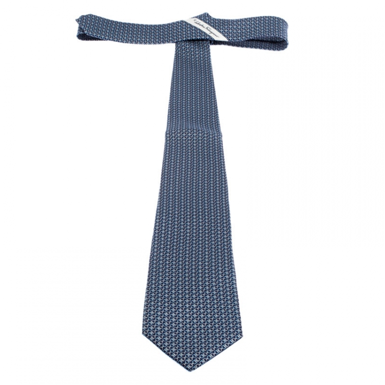 Pre Owned Salvatore Ferragamo Marine Blue Gancini Print Silk Tie