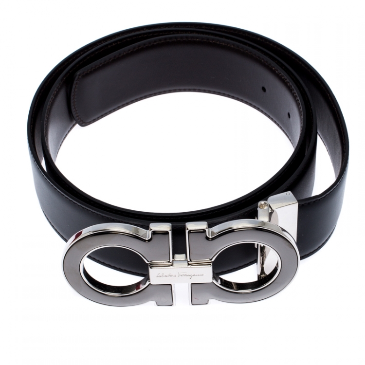 Pre Owned Salvatore Ferragamo Black/Brown Leather Gancini Belt 105CM