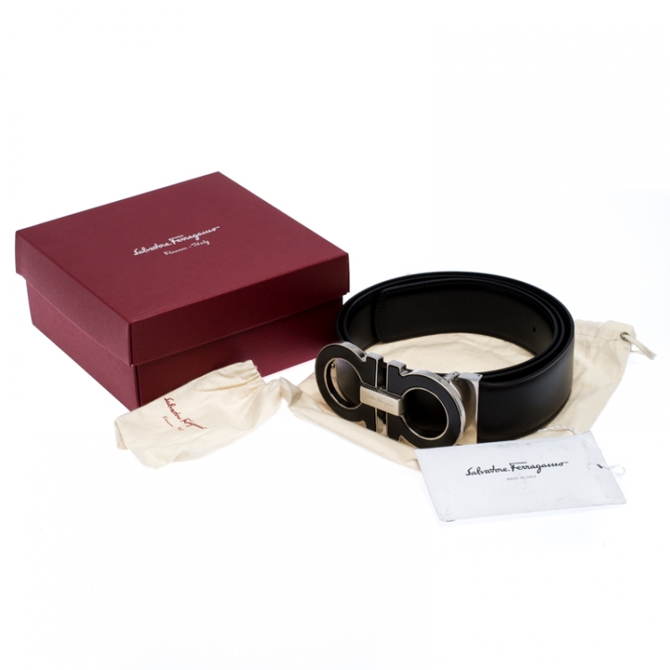 Pre Owned Salvatore Ferragamo Taupe/Black Leather Gancini Belt 105CM