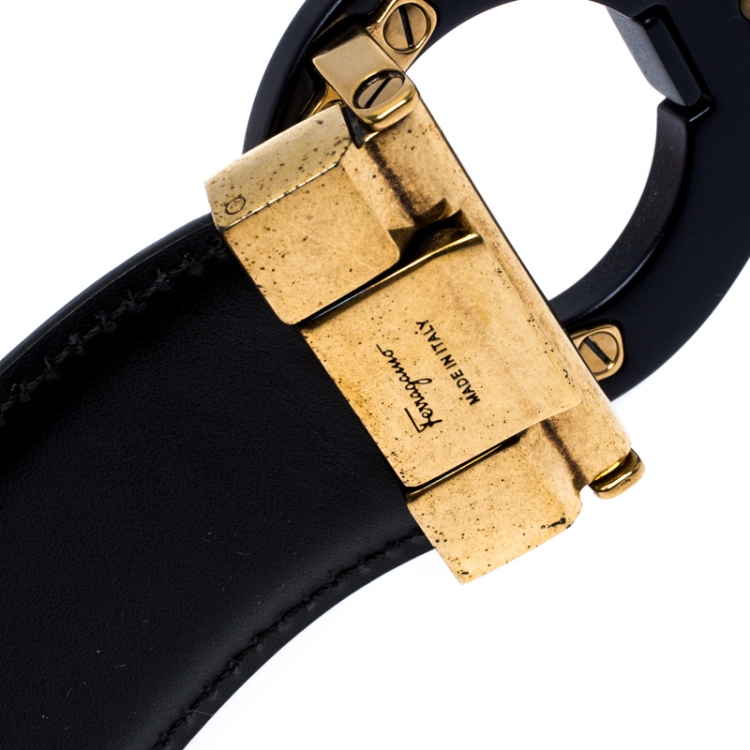 Pre Owned Salvatore Ferragamo Blue Marine/Black Leather Gancini Belt 105CM