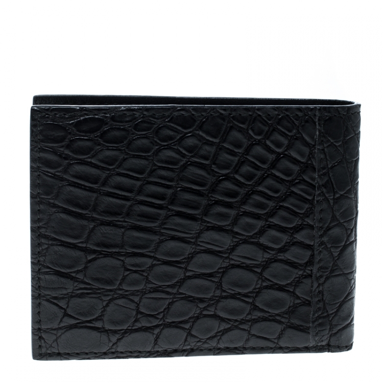 Pre Owned Salvatore Ferragamo Black Croc Bi-fold Wallet 
