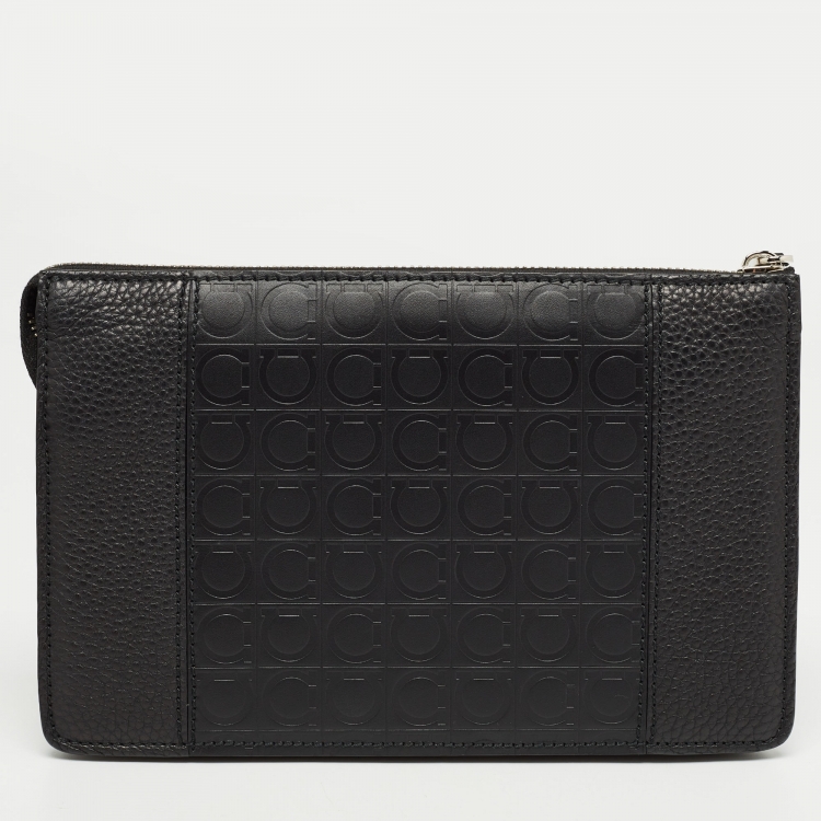 Pre Owned Salvatore Ferragamo Black Embossed Leather Firenze Gamma Clutch