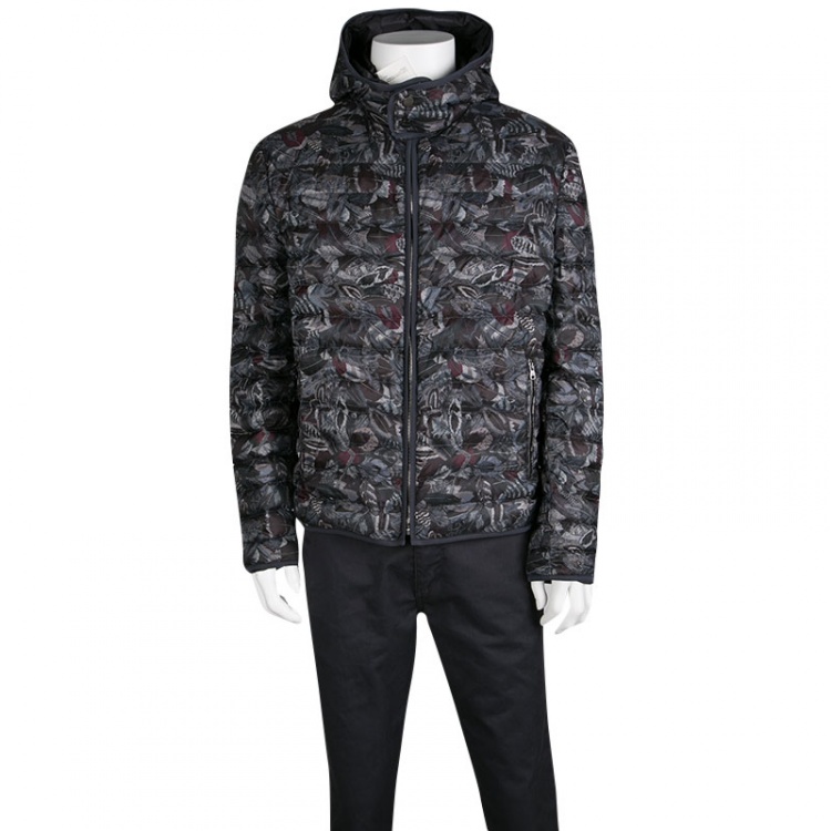 Salvatore Ferragamo Feather Print Hooded Zip Front Quilted Down 