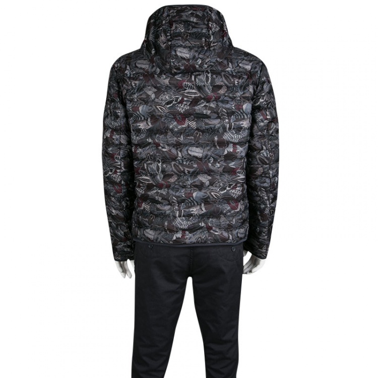 Pre Owned Salvatore Ferragamo Feather Print Hooded Zip Front Quilted Down Jacket XL