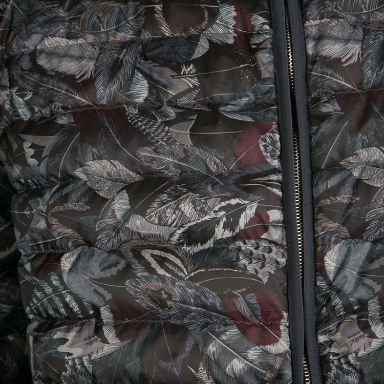 Pre Owned Salvatore Ferragamo Feather Print Hooded Zip Front Quilted Down Jacket XL