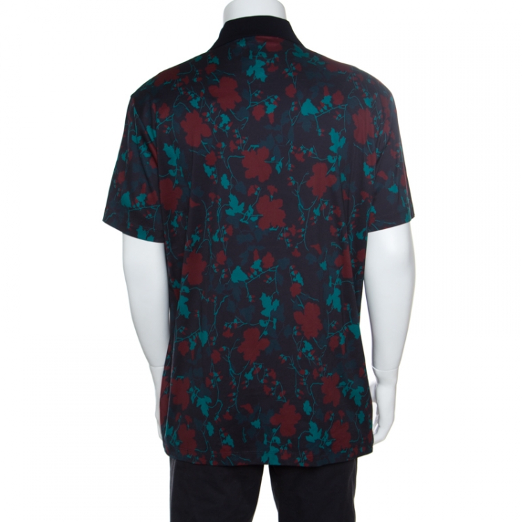 Pre Owned Salvatore Ferragamo Black Cherry Floral Printed Cotton Polo T-Shirt XXL