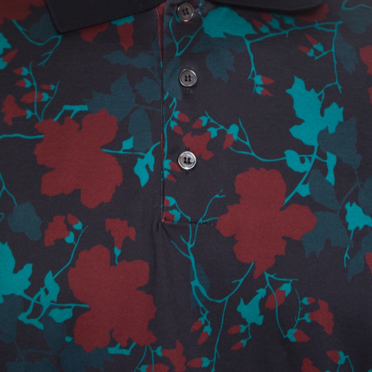 Pre Owned Salvatore Ferragamo Black Cherry Floral Printed Cotton Polo T-Shirt XXL