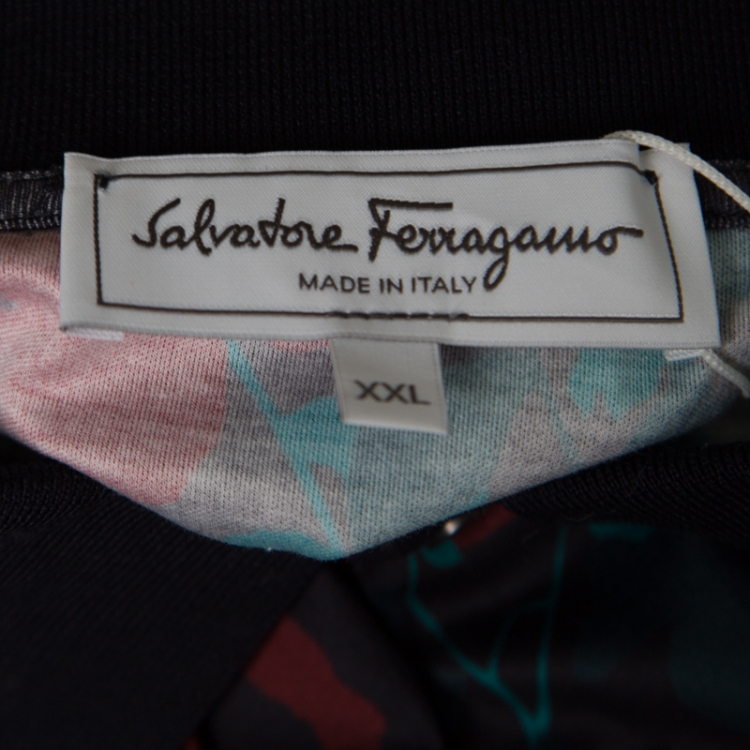 Pre Owned Salvatore Ferragamo Black Cherry Floral Printed Cotton Polo T-Shirt XXL