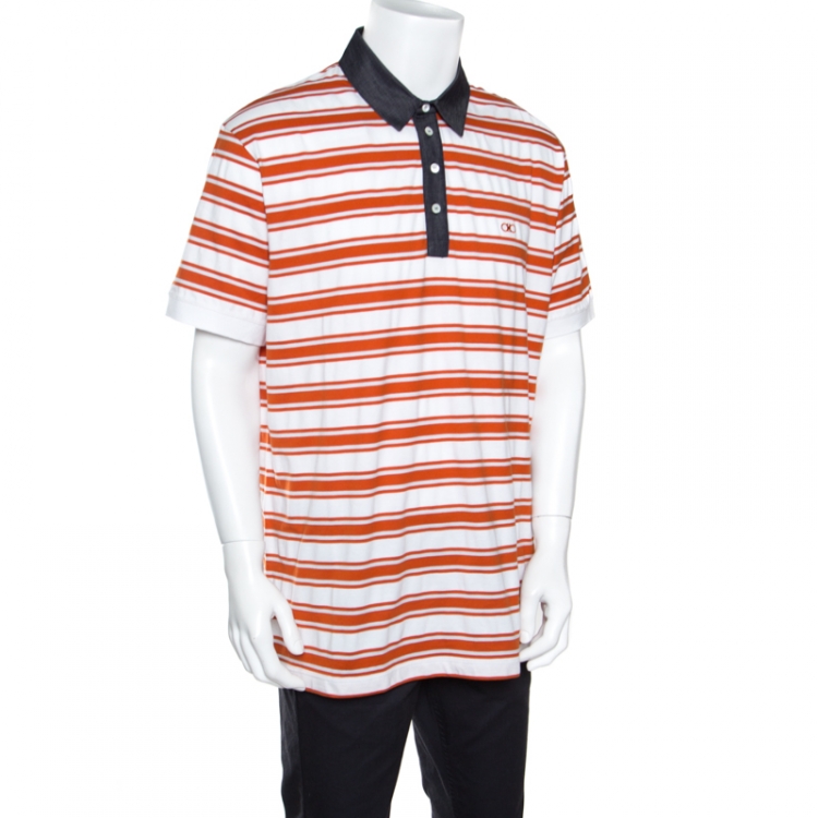 Pre Owned Salvatore Ferragamo Orange Striped Cotton Chambray Collar Detail Polo T-Shirt XXL