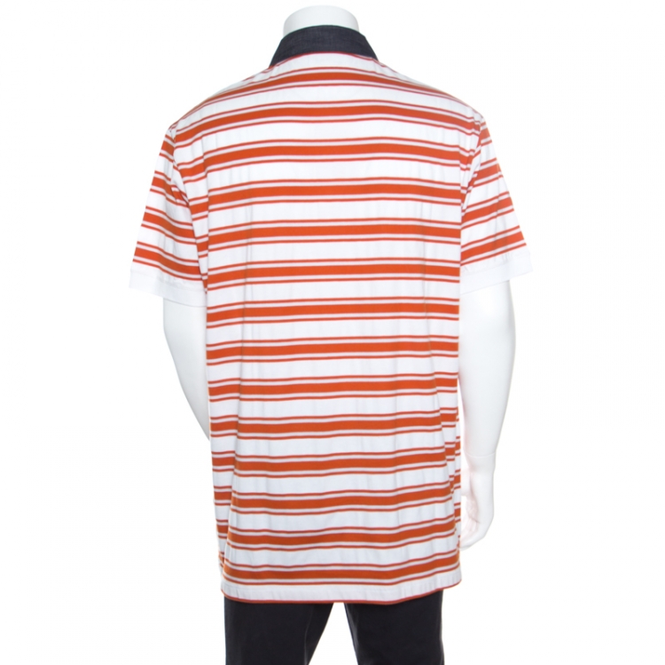 Pre Owned Salvatore Ferragamo Orange Striped Cotton Chambray Collar Detail Polo T-Shirt XXL