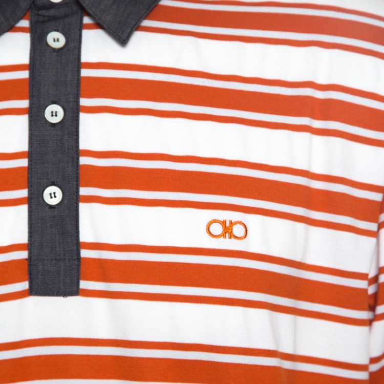 Pre Owned Salvatore Ferragamo Orange Striped Cotton Chambray Collar Detail Polo T-Shirt XXL