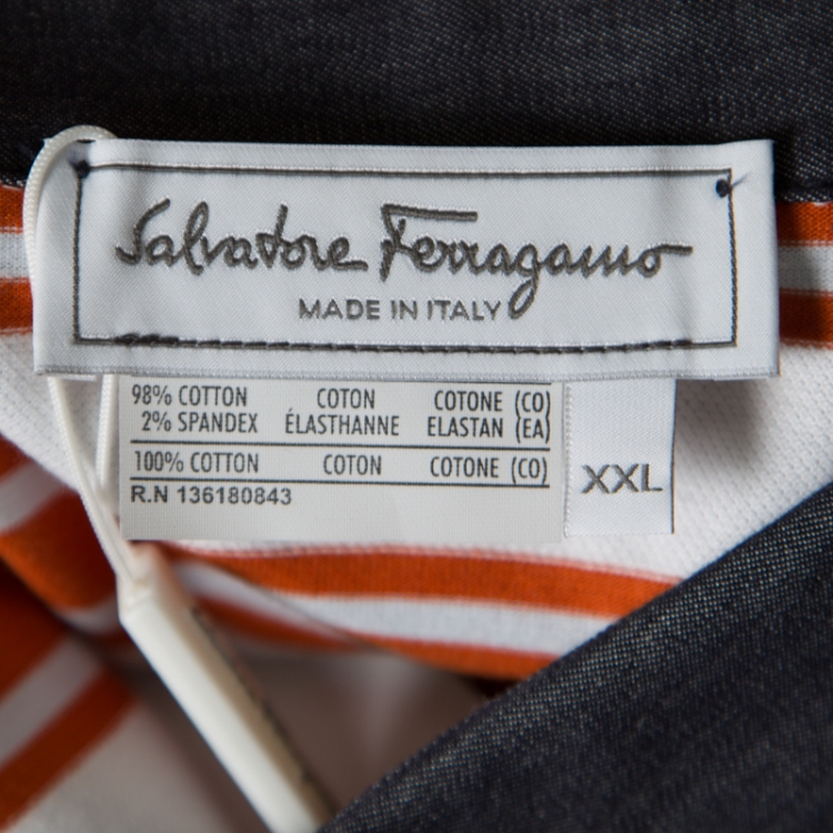 Pre Owned Salvatore Ferragamo Orange Striped Cotton Chambray Collar Detail Polo T-Shirt XXL