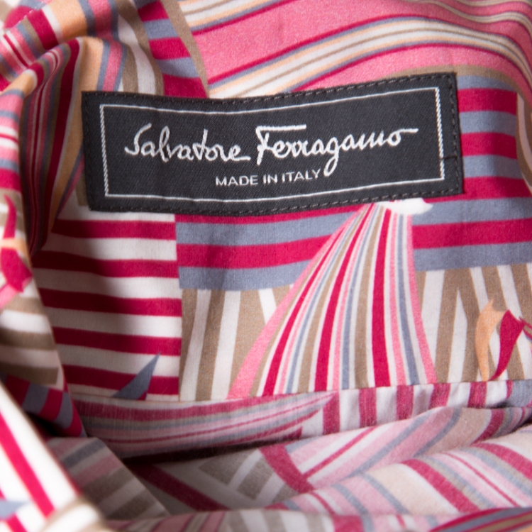 Pre Owned Salvatore Ferragamo Pink Sailboat Printed Cotton Long Sleeve Shirt XL