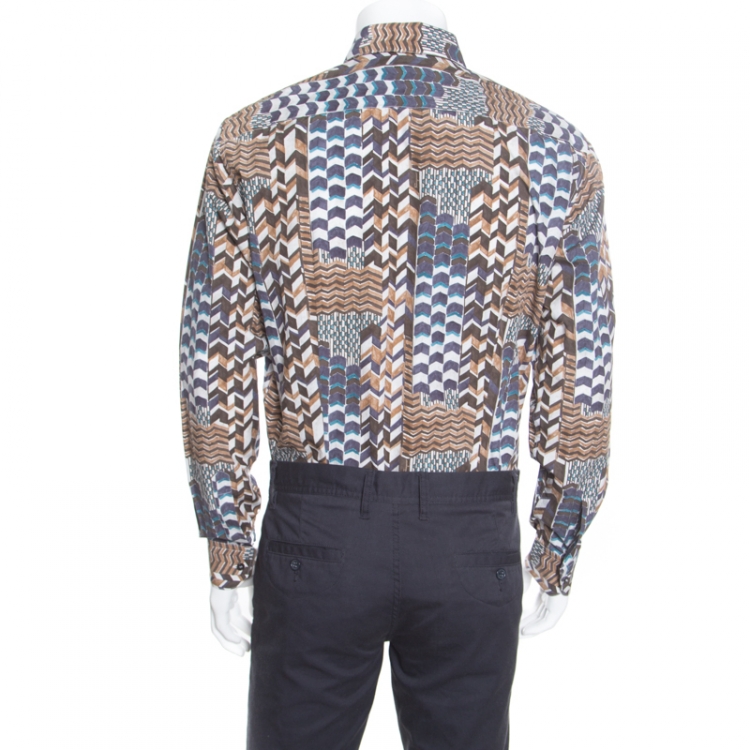 Pre Owned Salvatore Ferragamo Brown Abstract Chevron Printed Button Front Shirt L