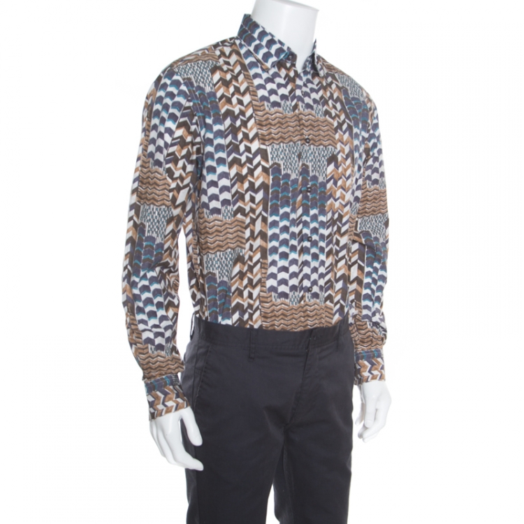 Pre Owned Salvatore Ferragamo Brown Abstract Chevron Printed Button Front Shirt L
