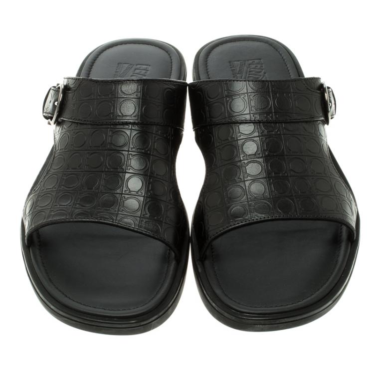 Pre Owned Salvatore Ferragamo Black Gancio Embossed Leather Raja Flat Sandals Size 43