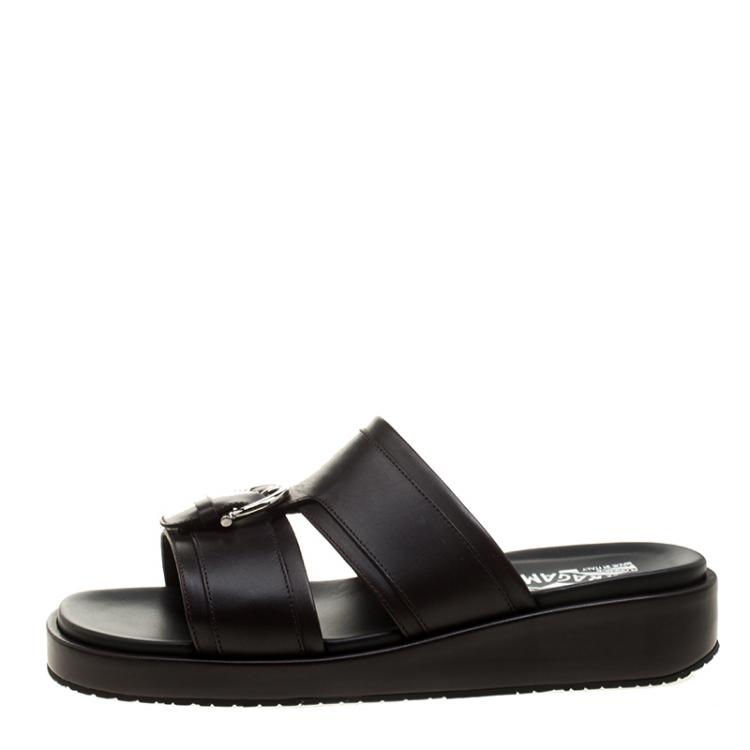 Pre Owned Salvatore Ferragamo Brown Leather Lutfi Slides Size 42