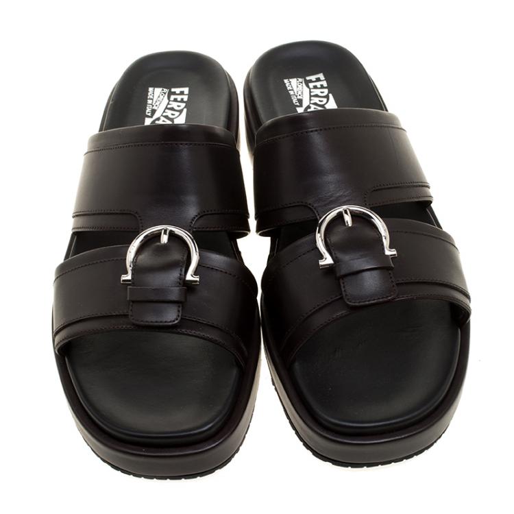Pre Owned Salvatore Ferragamo Brown Leather Lutfi Slides Size 42