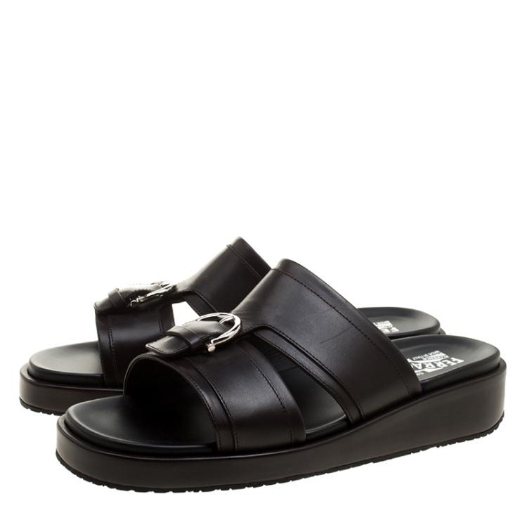Pre Owned Salvatore Ferragamo Brown Leather Lutfi Slides Size 42
