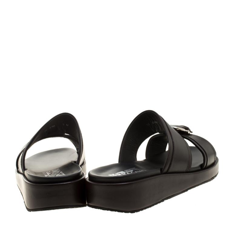Pre Owned Salvatore Ferragamo Brown Leather Lutfi Slides Size 42