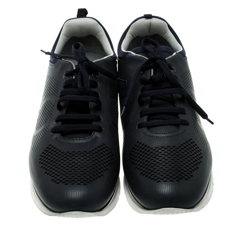 Pre Owned Salvatore Ferragamo Navy Blue Perforated Leather Mustang Sneakers Size 44.5