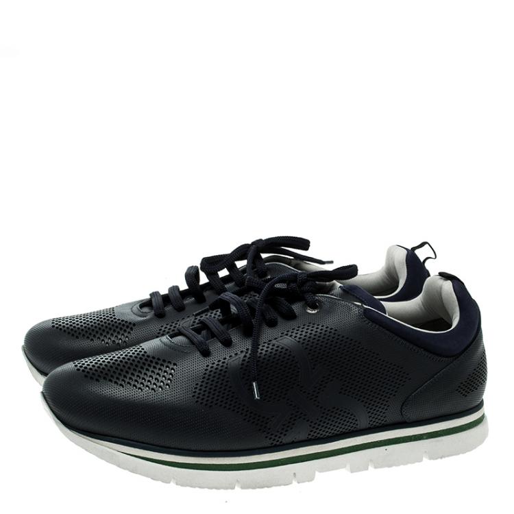 Pre Owned Salvatore Ferragamo Navy Blue Perforated Leather Mustang Sneakers Size 44.5