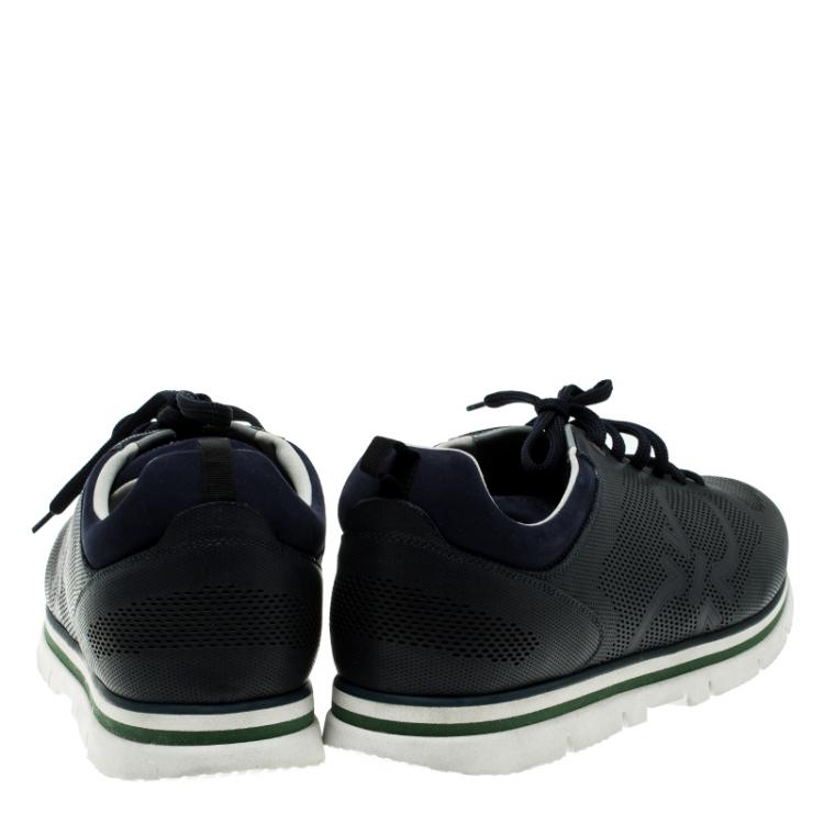 Pre Owned Salvatore Ferragamo Navy Blue Perforated Leather Mustang Sneakers Size 44.5