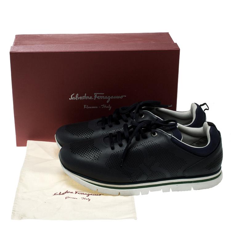 Pre Owned Salvatore Ferragamo Navy Blue Perforated Leather Mustang Sneakers Size 44.5