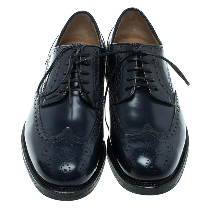 Pre Owned Salvatore Ferragamo Navy Blue Brogue Leather Gabriele Derby Size 42.5